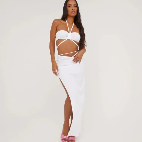 Sale Halterneck Strappy Ruched Detail Textured Crop Top In White Crop Tops | Halter Neck Tops