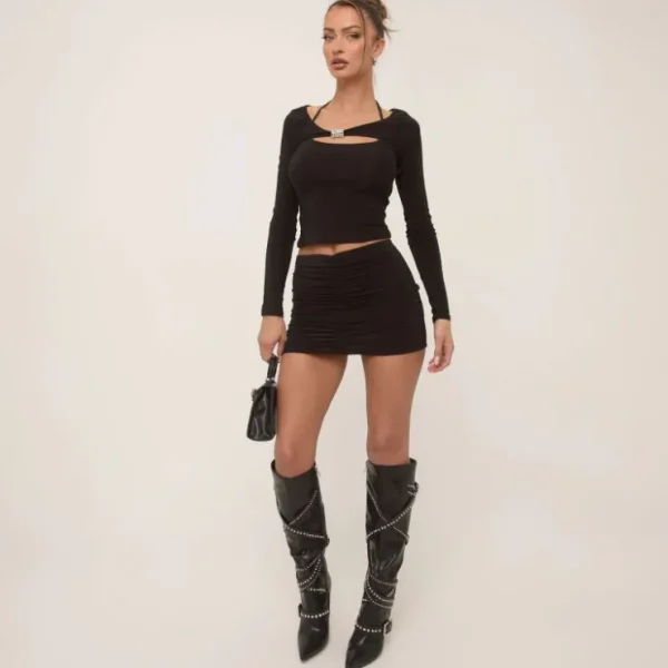 Cheap Halterneck Top With Diamante Trim Bolero Sleeve In Black Slinky Tops