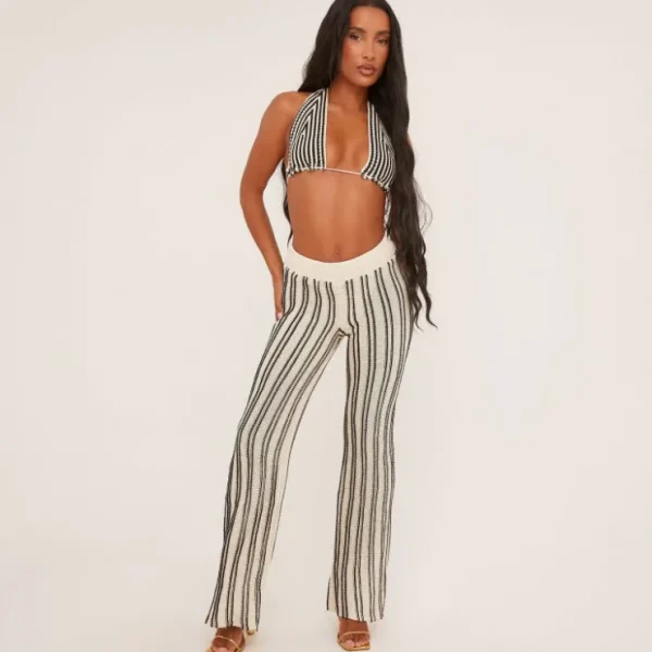 Clearance Halterneck Triangle Bralet In Black And Beige Stripe Crochet Knit Knitted Trouser Co-Ords