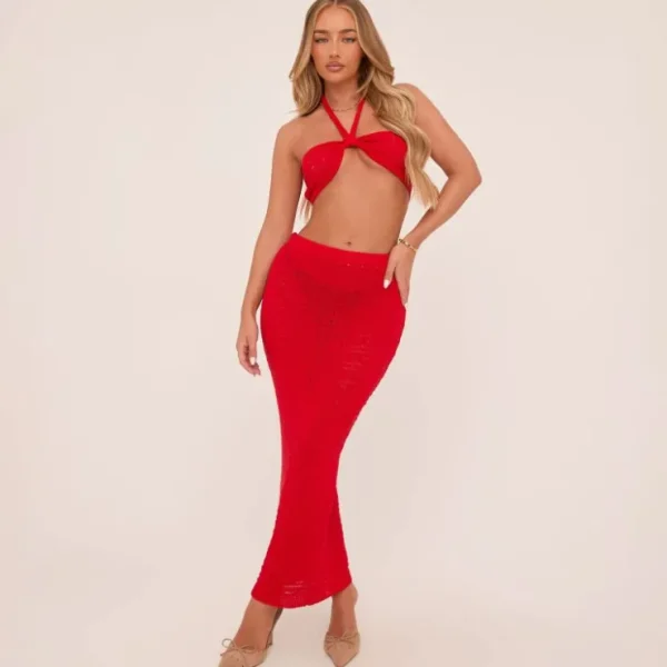 Best Halterneck Twist Detail Bralet In Red Knit Knitted Co-Ords | Knitted Sets