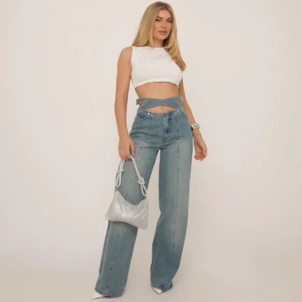 Flash Sale High Cross Waist Wide Leg Jeans In Blue Denim Trousers | Jeans