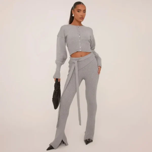 Hot High Foldover Waist Tie Side Flared Trousers In Grey Knit Knitwear | Knitwear
