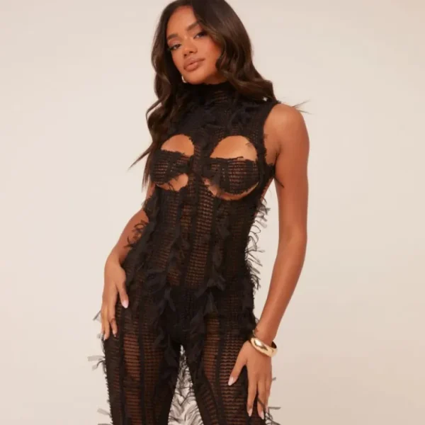 Online High Neck Cut Out Bust Detail Jumpsuit In Black Texture Jumpsuits & Playsuits