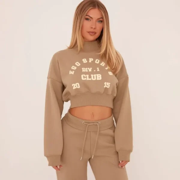 Clearance High Neck Sports Graphic Cropped Sweater In Taupe Brown Loungewear | Loungewear