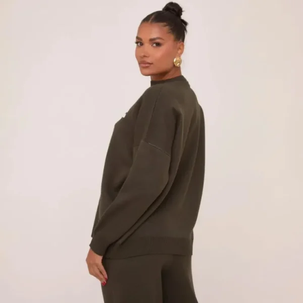 Flash Sale High Neck Oversized Contrast Swirl Detail Sweatshirt In Dark Khaki Green Knit Tops | Knitwear