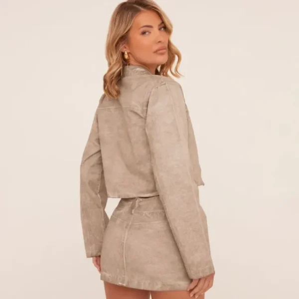 Cheap High Neck Zip Front Cropped Jacket In Washed Light Grey Coats & Jackets | Skirt And Top Sets