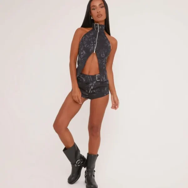 Online High Neck Zip Split Hem Detail Top In Acid Wash Grey Shorts Sets