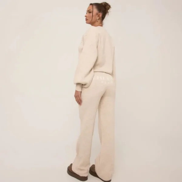 Best Sale High Waist 'Athletics Club' Slogan Straight Leg Trousers In Cream Knit Knitwear | Knitwear