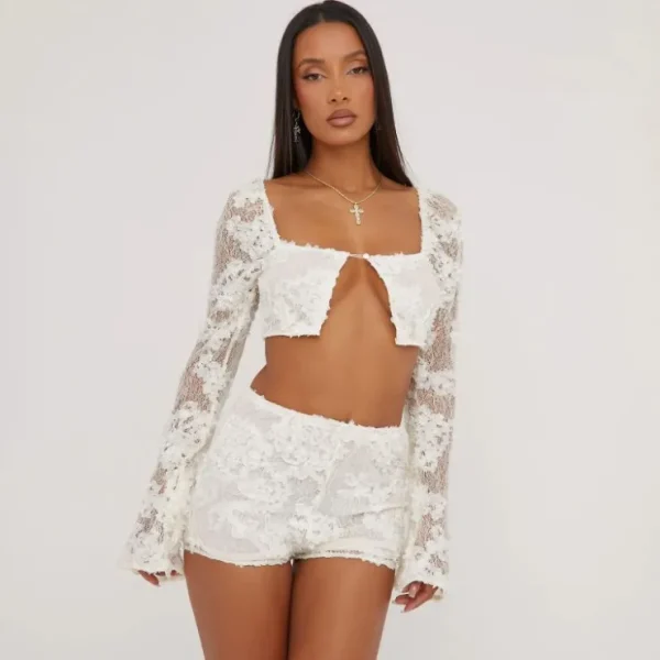 Cheap High Waist Booty Shorts In Cream Textured Lace Shorts