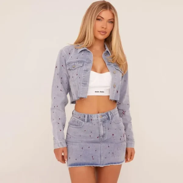 Best Sale High Waist Cherry Bomb Graphic Raw Hem Denim Mini Skirt In Blue Denim