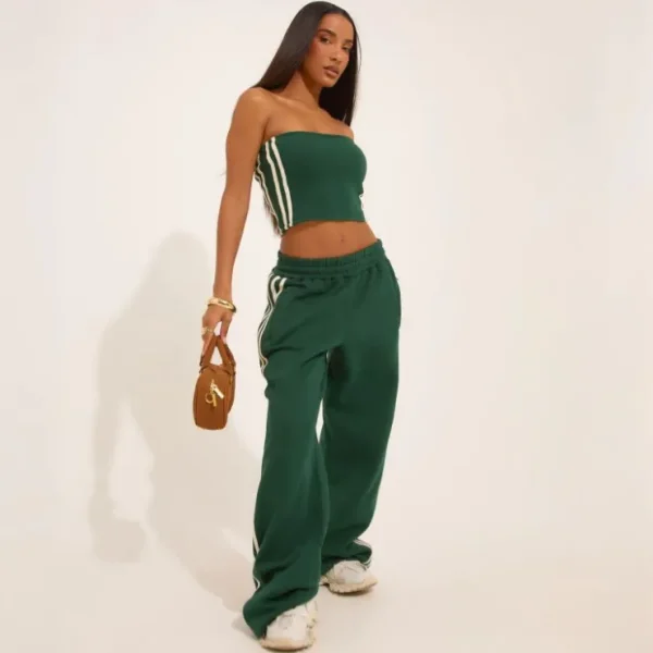 Discount High Waist Contrast Stripe Detail Wide Leg Joggers In Forest Green Loungewear | Loungewear