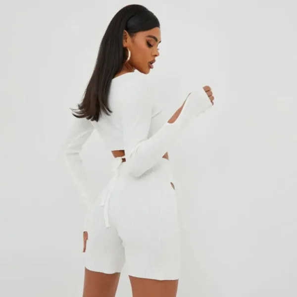 Flash Sale High Waist Cut Out Detail Cycle Shorts In Cream Ribbed Knit Shorts