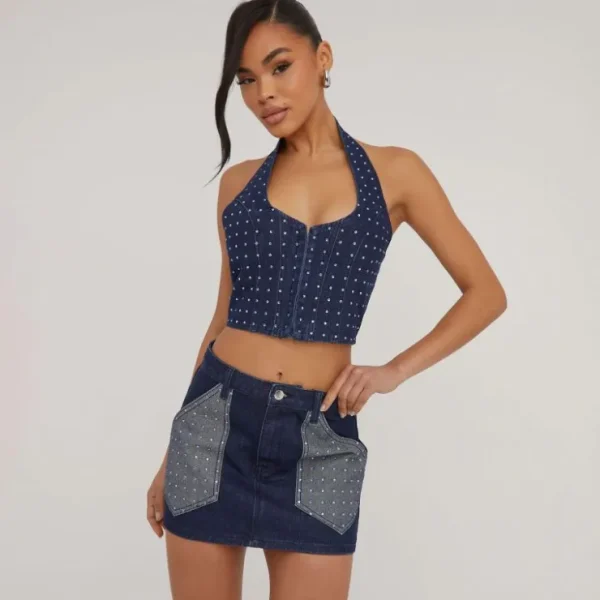 Online High Waist Diamante Detail Contrast Mini Skirt In Dark Blue Denim Denim