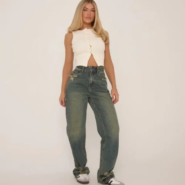 Shop High Waist Distressed Detail Straight Leg Jeans In Blue Denim Jeans | Denim