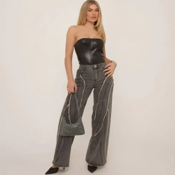 Discount High Waist Distressed Detail Wide Leg Jeans In Denim Trousers | Jeans