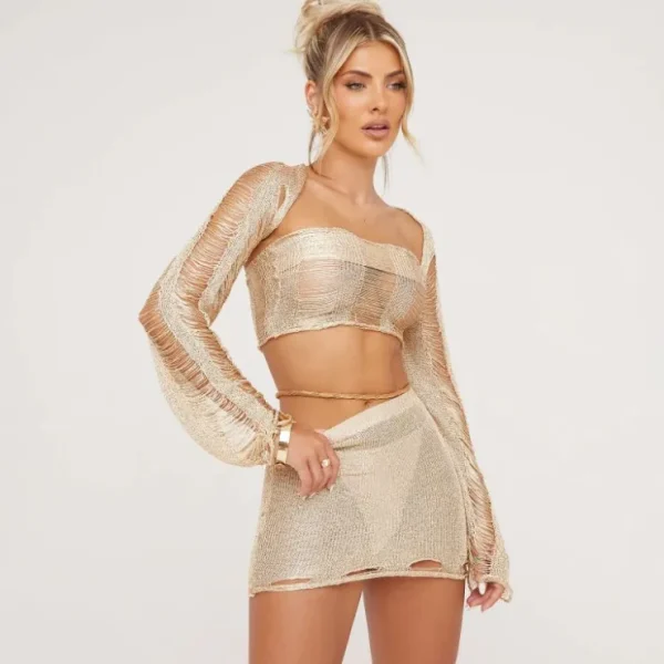 Best High Waist Distressed Detail Mini Bodycon Skirt In Gold Metallic Crochet Knit Skirts | Knitwear