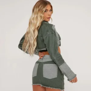 Clearance High Waist Distressed Patchwork Detail Mini Skirt In Khaki Denim Denim