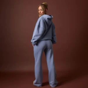 Store High Waist Graphic Slogan Flared Leg Joggers In Dusky Blue Tracksuits | Sweatsuits