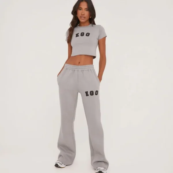 Discount High Waist Graphic Slogan Wide Leg Slouchy Joggers In Grey Winter Matching Sets | Activewear