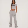 Discount High Waist Graphic Slogan Wide Leg Slouchy Joggers In Grey Winter Matching Sets | Activewear