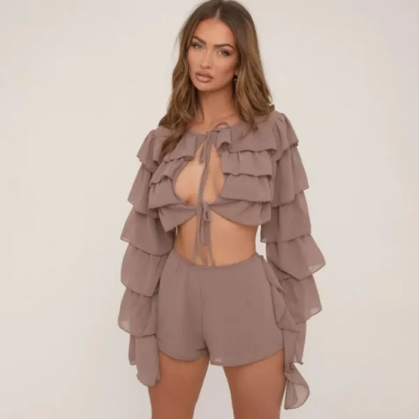 Clearance High Waist Frill Side Shorts In Mocha Brown Shorts | Winter Sun