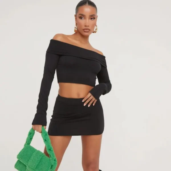 Discount High Waist Mini Bodycon Skirt In Black Knit Winter Matching Sets | Knitted Co-Ords