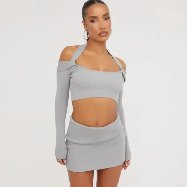 Clearance High Waist Mini Bodycon Skirt In Grey Knit Knitted Co-Ords | Knitted Sets