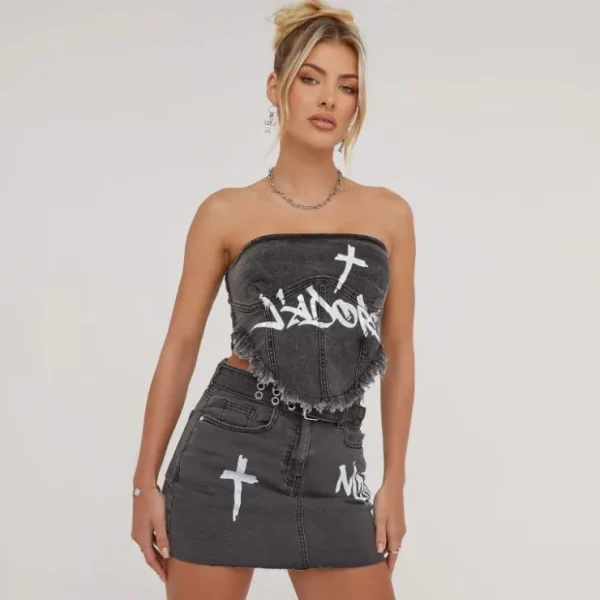 Flash Sale High Waist 'Noir' Slogan Crucifix Print Mini Skirt In Washed Black Denim Denim