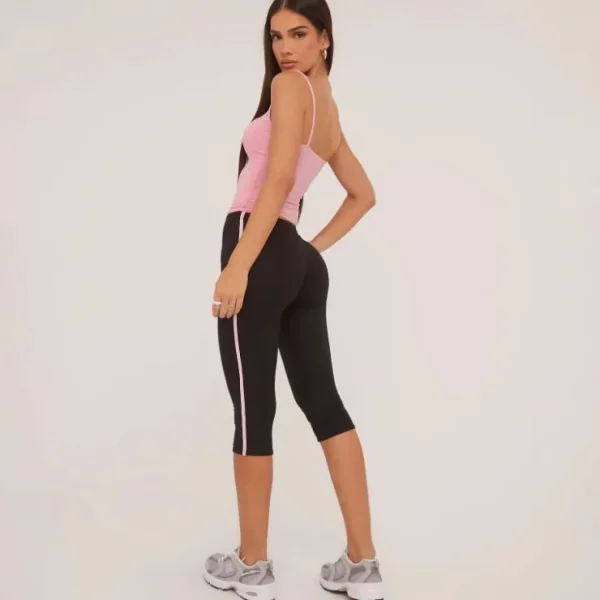Hot High Waist Pink Contrast Stripe Capri Leggings In Black Trousers