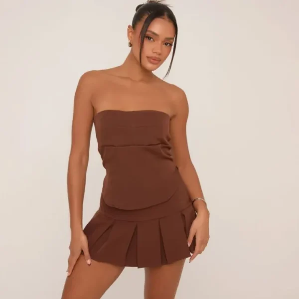 Outlet High Waist Pleated Mini Skirt In Chocolate Brown Woven Winter Going Out | Skirt And Top Sets