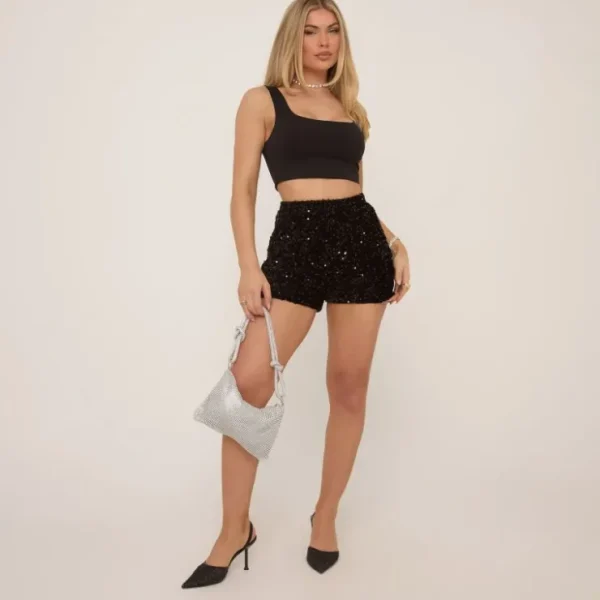 Shop High Waist Sequin Shorts In Black Velvet Shorts