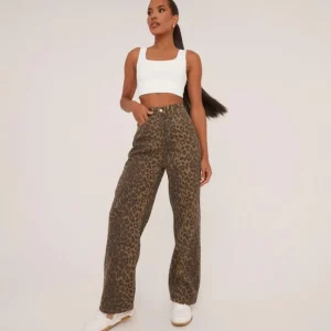 Clearance High Waist Straight Leg Jeans In Brown Leopard Print Denim Jeans | Denim