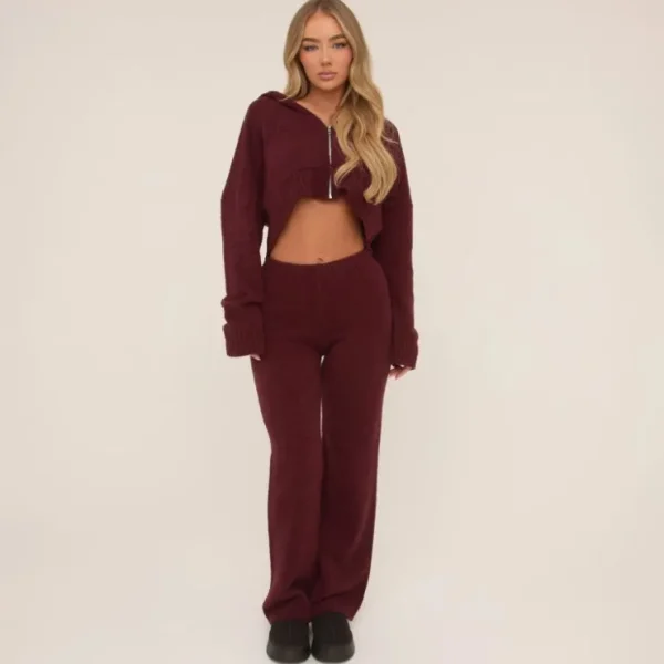 Flash Sale High Waist Straight Leg Trousers In Burgundy Knit Knitwear | Knitwear