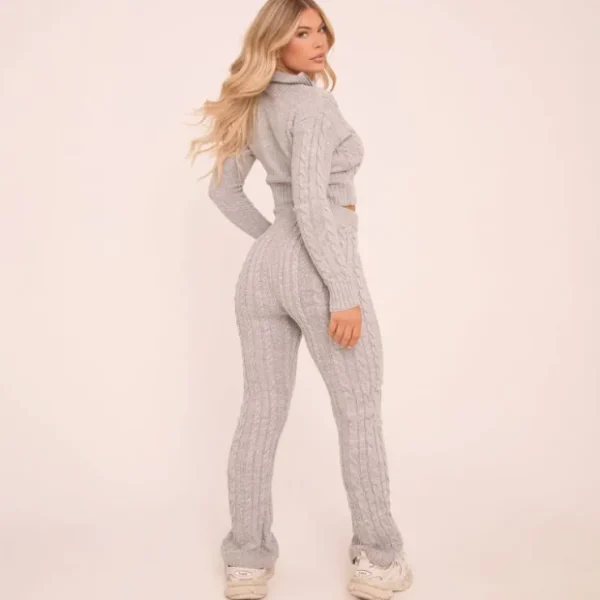 New High Waist Straight Leg Trousers In Grey Cable Knit Trousers | Winter Matching Sets