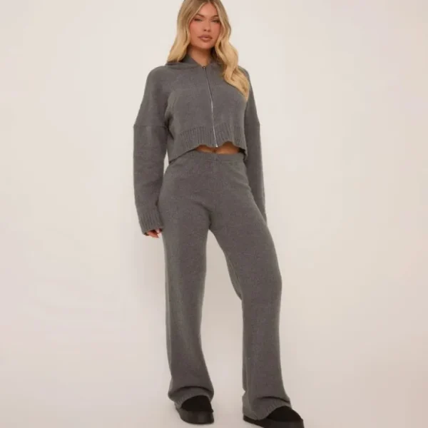 New High Waist Straight Leg Trousers In Grey Knit Matching Sets | Knitwear