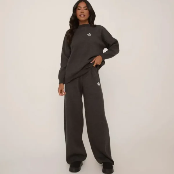 Online High Waist Swirl Detail Wide Leg Joggers In Charcoal Grey Knit Matching Sets | Knitwear