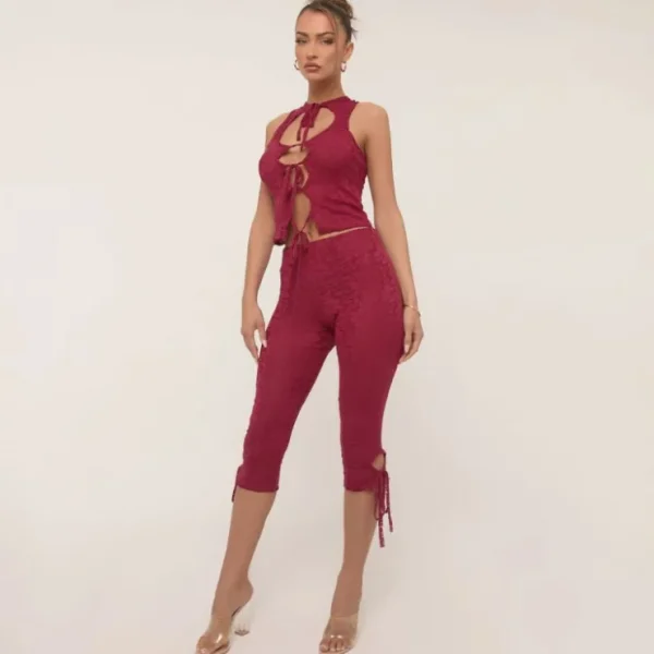 New High Waist Tie Detail Capri Leggings In Burgundy Lace Trousers | Trouser Sets