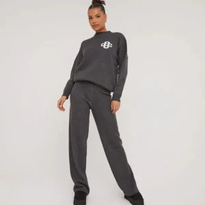 Hot High Waist Wide Leg Joggers In Grey Knit Matching Sets | Knitwear