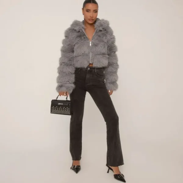 Discount Hooded Cropped Puffer Coat In Charcoal Grey Faux Fur Coats & Jackets | Winter Outfits