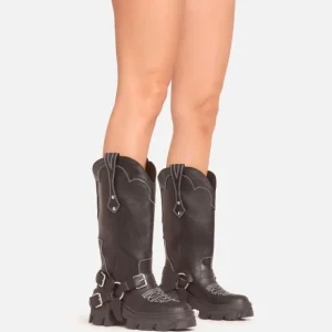 Flash Sale Hybrid Embroidered Buckle Detail Mid Calf Biker Boot In Black Faux Leather Ankle Boots