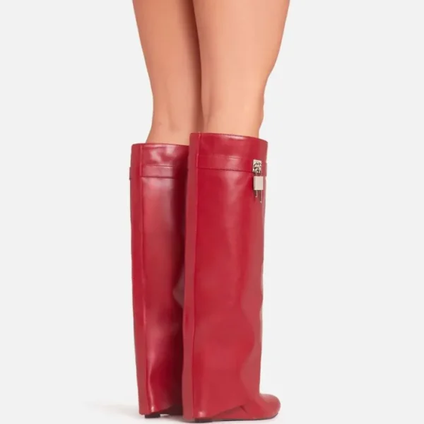 Online I-Am-The-One Padlock Detail Wedge Heel Knee High Long Boot In Faux Leather Winter Boots | Chunky Boots
