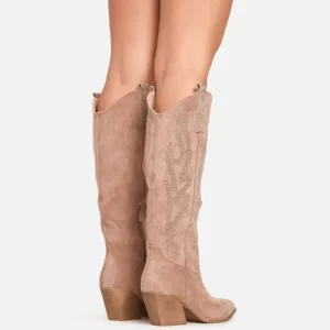 New Izzy Diamante Detail Pointed Toe Knee High Western Cowboy Boot In Light Faux Suede BOY Ankle Boots | Cowboy Boots