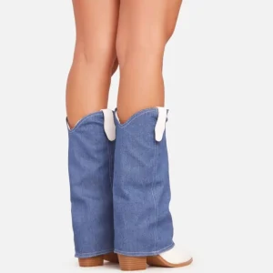 Online James Denim Sock Detail Pointed Toe Mid Calf Western Cowboy Boot In White Faux Leather BOY Ankle Boots | Calf Boots