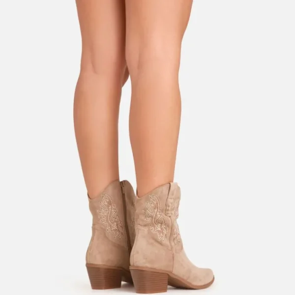 Clearance Jerry Embroidered Detail Pointed Toe Western Cowboy Ankle Boot In Light Faux Suede BOY Ankle Boots | Calf Boots