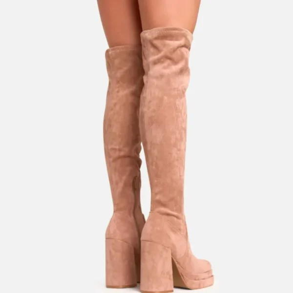 Shop Kenton Platform Block Heel Over The Knee Thigh High Long Boot In Light Tan Brown Faux Suede Chunky Boots | High Heel Boots