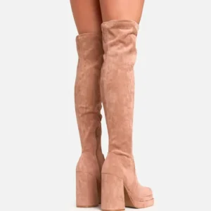 Shop Kenton Platform Block Heel Over The Knee Thigh High Long Boot In Light Tan Brown Faux Suede Chunky Boots | High Heel Boots