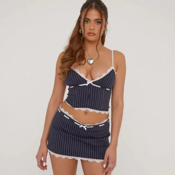 Clearance Lace Trim Bow Detail Mini Skort In Blue Pinstripe Shorts | Skorts