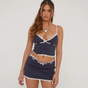 Clearance Lace Trim Bow Detail Mini Skort In Blue Pinstripe Shorts | Skorts