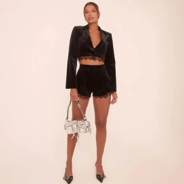 Best Sale Lace Trim Detail Structured Cropped Blazer In Black Velvet Coats & Jackets | Blazers