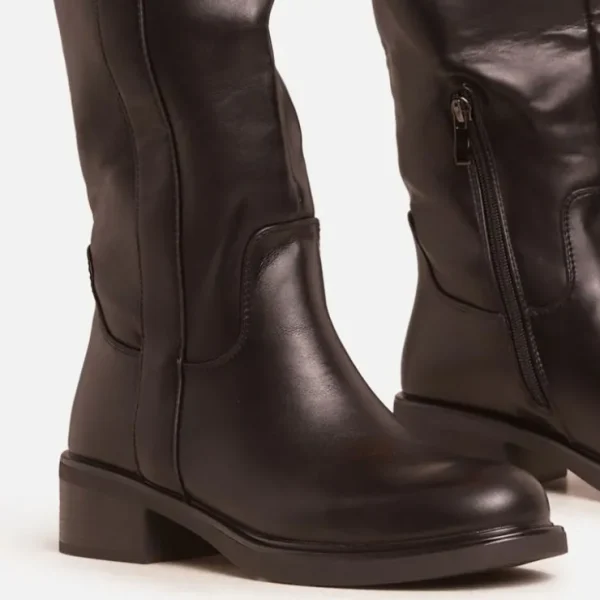 Clearance Lainey Panel Detail Knee High Long Flat Biker Boot In Faux Leather Winter Boots | Biker Boots